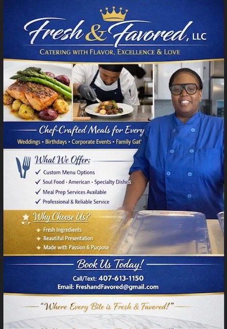 Brochure for Fresh & Favored, LLC catering company featuring images of plated food, a chef preparing a dish, and a woman in a blue chef's coat smiling. It lists catering services and contact information.