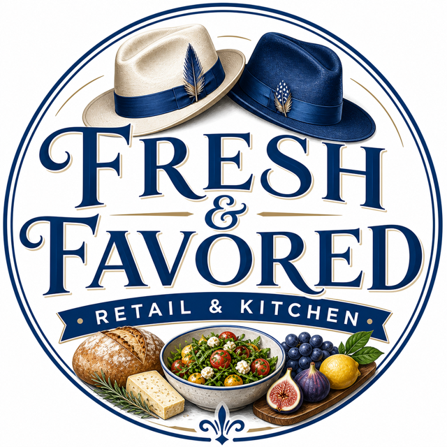 Logo for Fresh & Favored Retail & Kitchen featuring two fedora hats, one beige with a feather, one dark blue with a feather, and an assortment of food items including a bowl of salad, blueberries, a lemon, grape, figs, cheese, and bread.