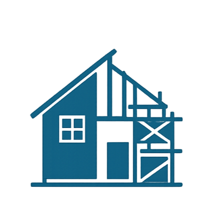 Line drawing of a house under construction with scaffolding and a red roof.