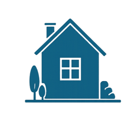 A blue minimalist house with a chimney, four-pane window, surrounded by trees and bushes, against a black background.