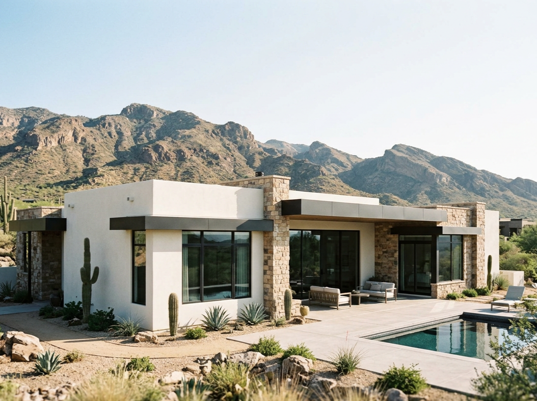Modern house with desert landscape, cacti, mountains, outdoor seating, and a swimming pool