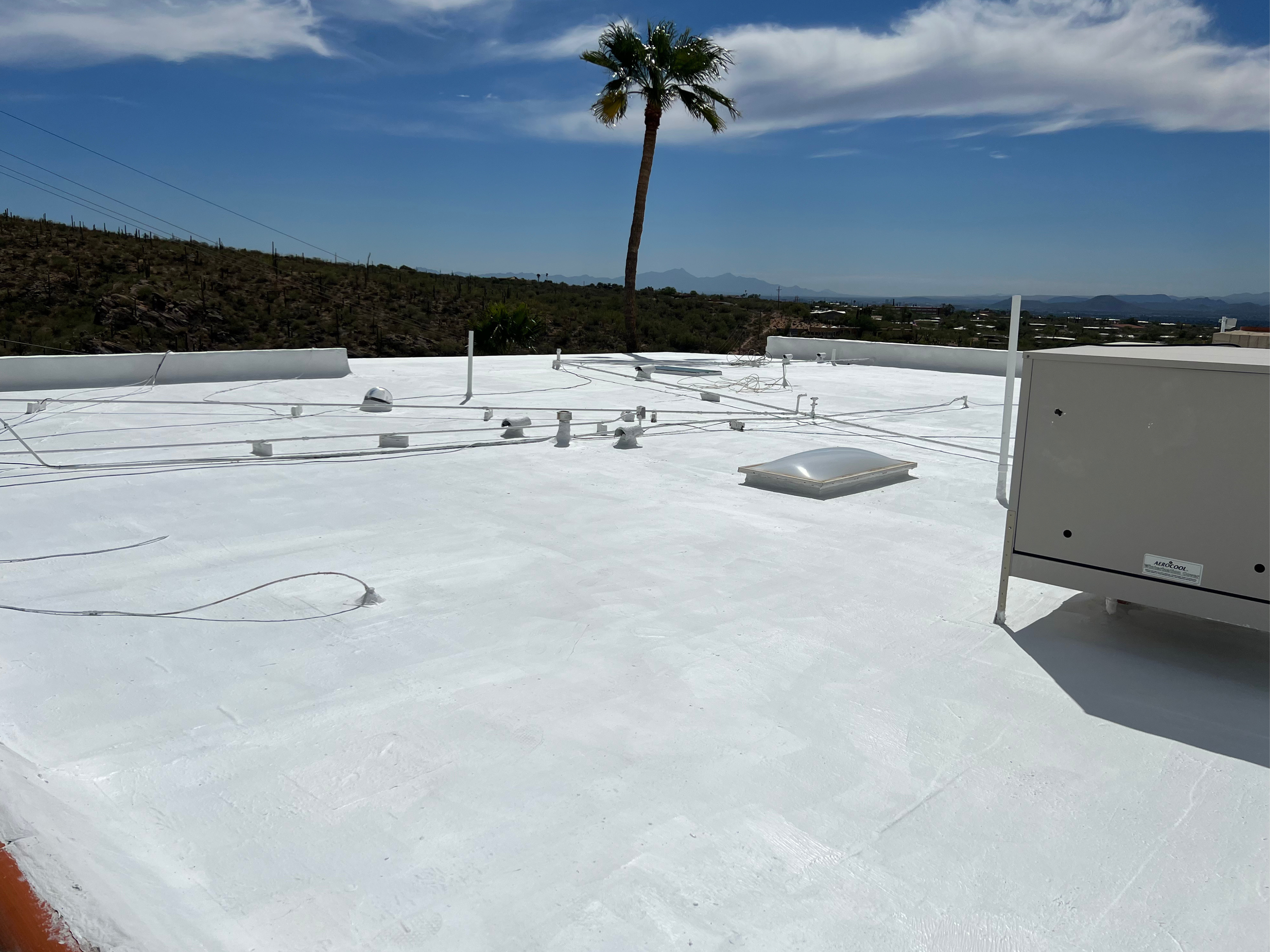 White rooftop with electrical wires and vents, a tall palm tree, and a distant mountain range under a partly cloudy blue sky.