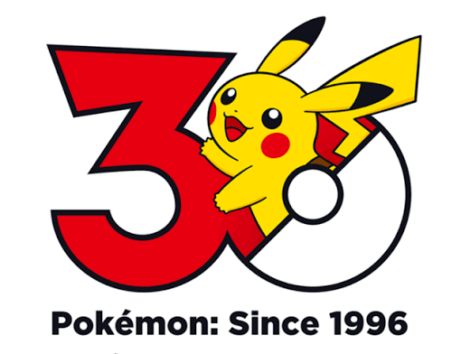 Pikachu with the number 30 and a Poké Ball, celebrating 30 years of Pokémon since 1996.