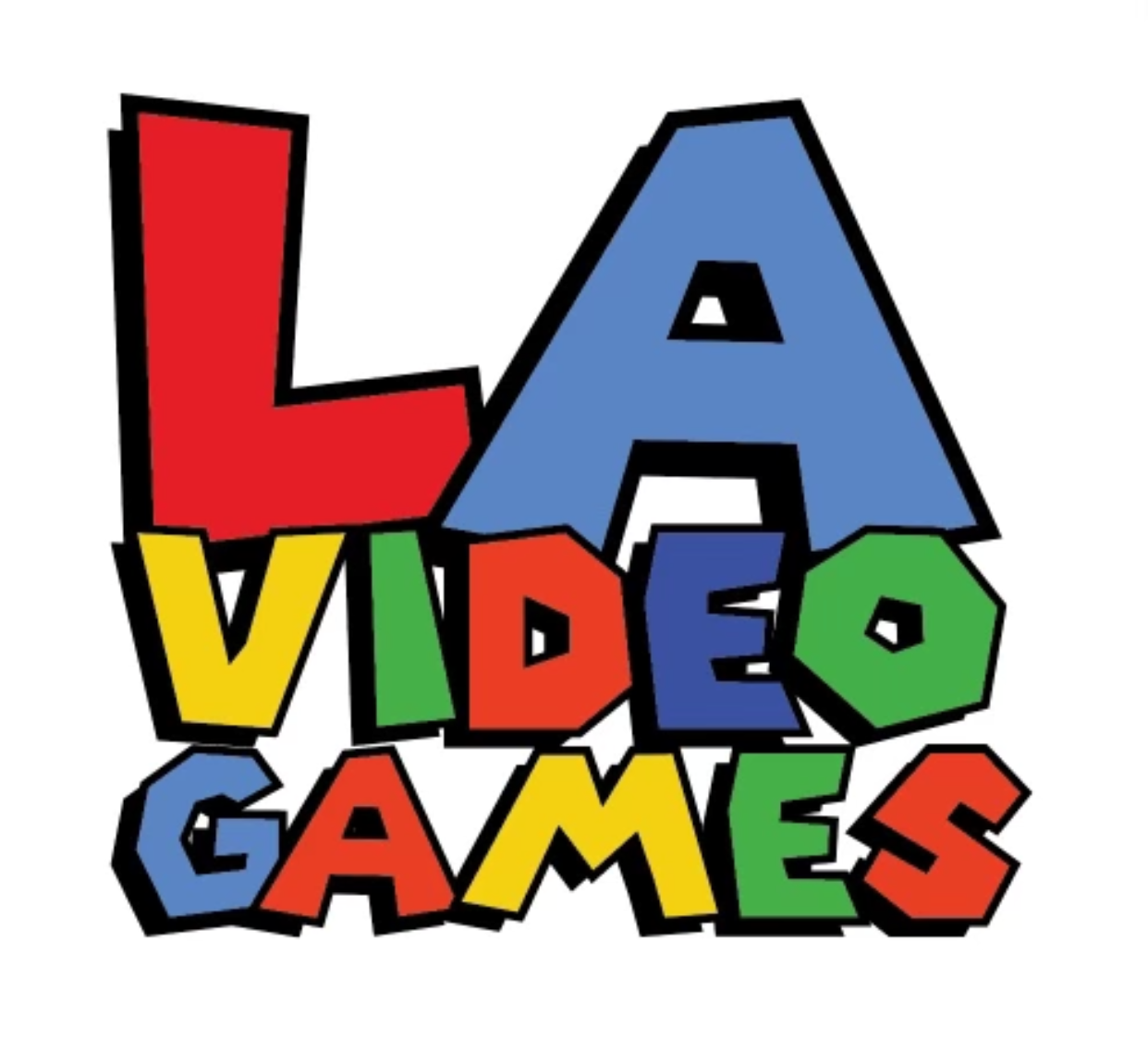 Colorful cartoon text reading 'LAA Video Games' with black outline.