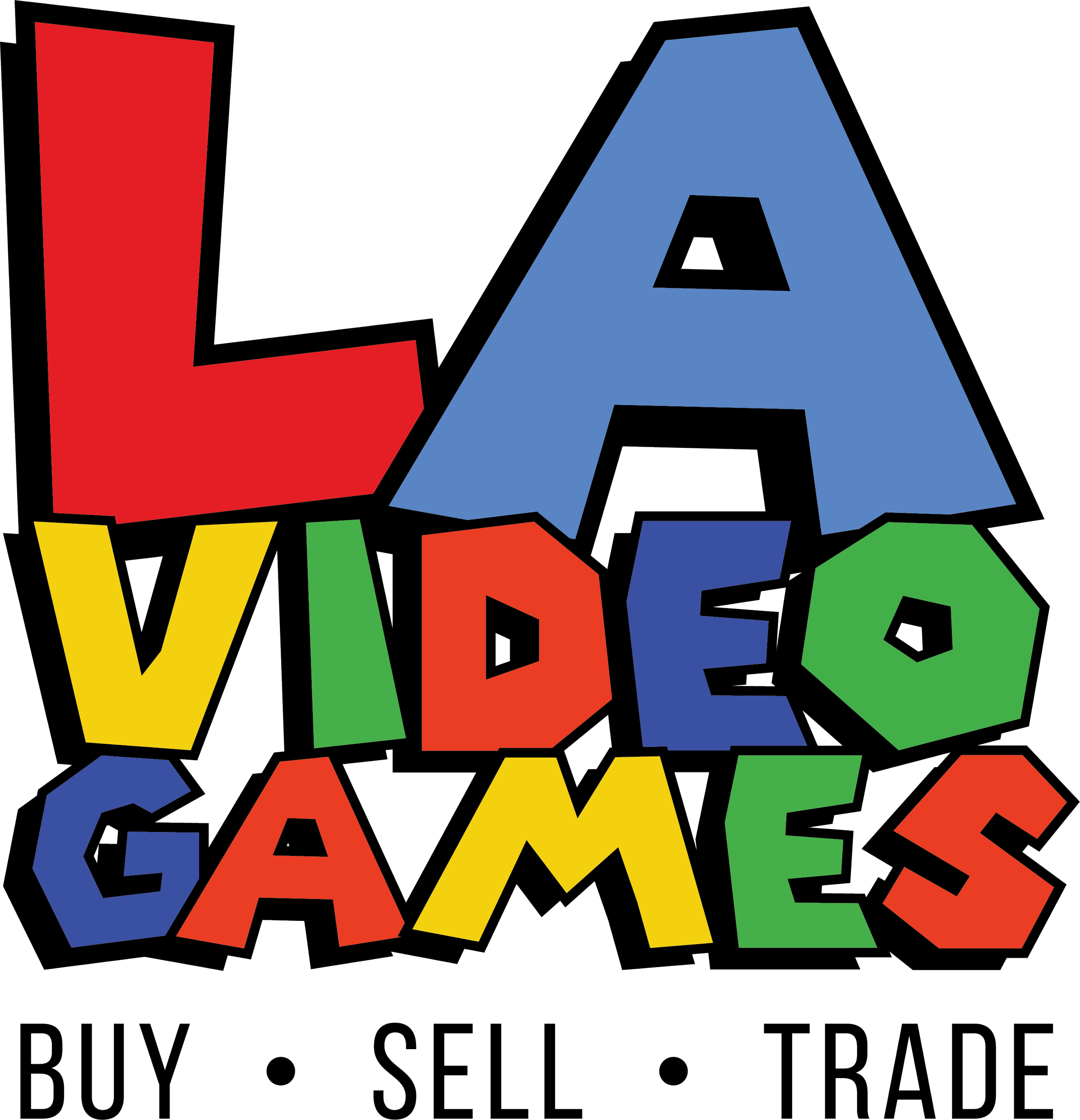 LA Video Games logo featuring colorful lettering with Buy, Sell, Trade services for video games, Pokémon cards, consoles, and collectibles.