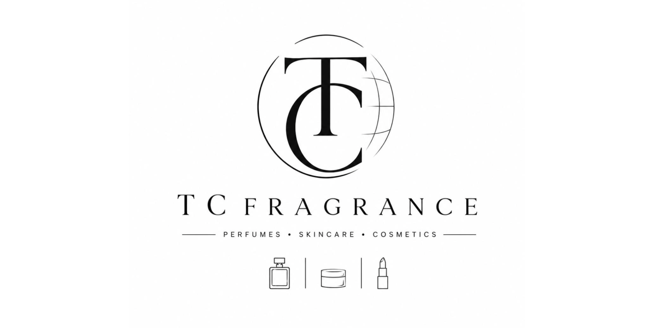 Logo for TC Fragrance, a brand that offers perfumes, skincare, and cosmetics, featuring a globe design with the initials 'T C' at the center and icons of perfume bottles, a jar, and lipstick below.