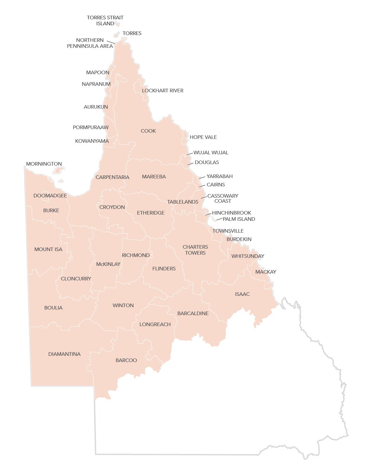 Map North Queensland showing the 43 local government areas serviced by SBSNQ including Torres Strait Island, Torres, Northern Peninsula Area, and others.