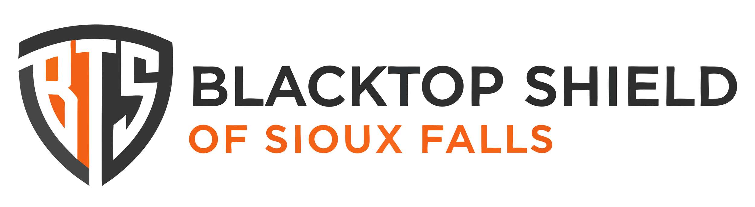 Logo of Blacktop Shield of Sioux Falls, featuring a shield emblem with black and orange elements and text in black and orange.