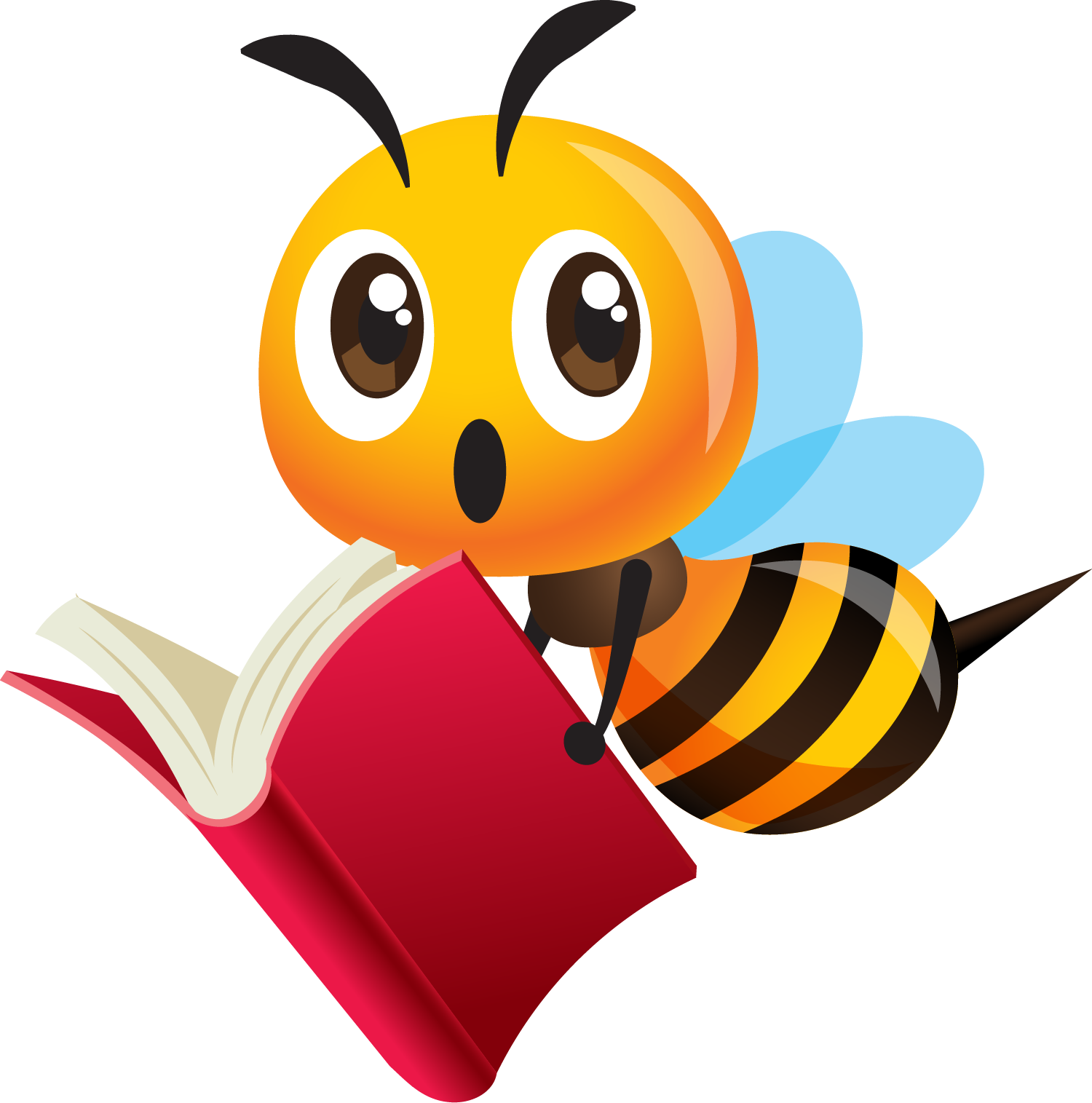 A cartoon bee with large eyes and blue wings reading a red book.
