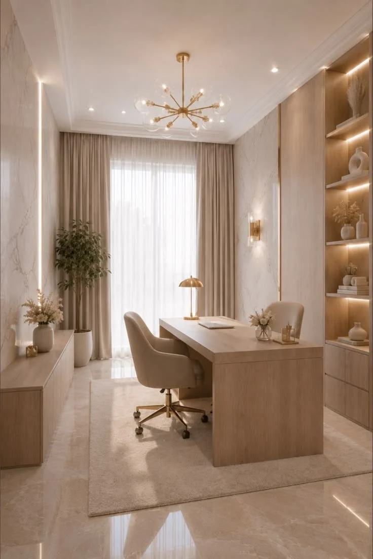 A modern, minimalist home office with a large window covered by beige curtains, a wooden desk with a beige swivel chair, a brass desk lamp, and decorative vases with flowers. The room features light-colored walls, a built-in bookshelf with backlighti