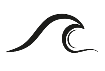 A stylized black wave logo with a curved crest and a circular shape at the base.
