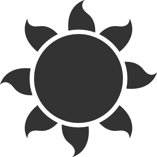 Silhouette of a sun with an inner circle and multiple rays extending outward.