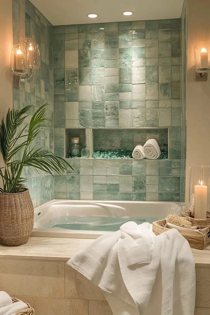 A bathroom with a bathtub, green tiled wall, rolled towels, glass jars, a potted plant, candles, and a wooden tray with bath accessories.