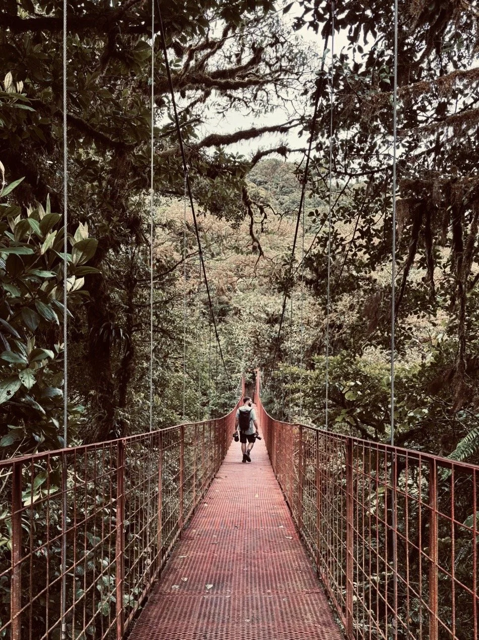 A person walking on a narrow, red metal suspension bridge through a dense forest with tall trees and hanging vines.