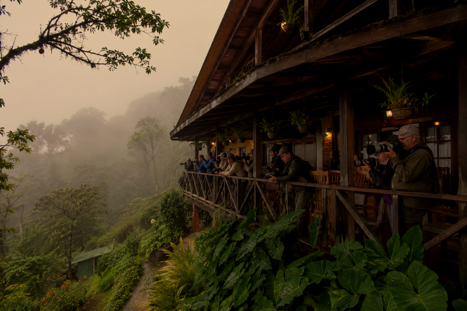 A group of people with cameras on a wooden balcony overlooking a lush, foggy forest.
