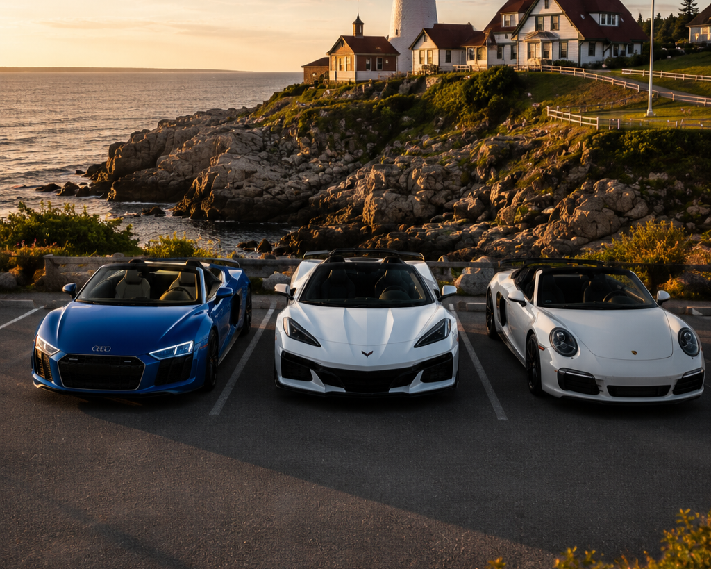 Three luxury cars parked in a parking lot with a coastal cliff, rocky shoreline, and lighthouse in the background during sunset.