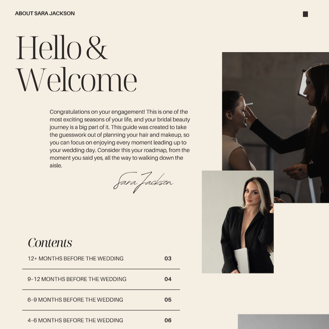 Page from a wedding guide featuring a greeting and a photo of a woman getting her makeup done, along with another woman holding a folder, titled 'Hello & Welcome' with a welcoming message and a contents list for wedding planning.