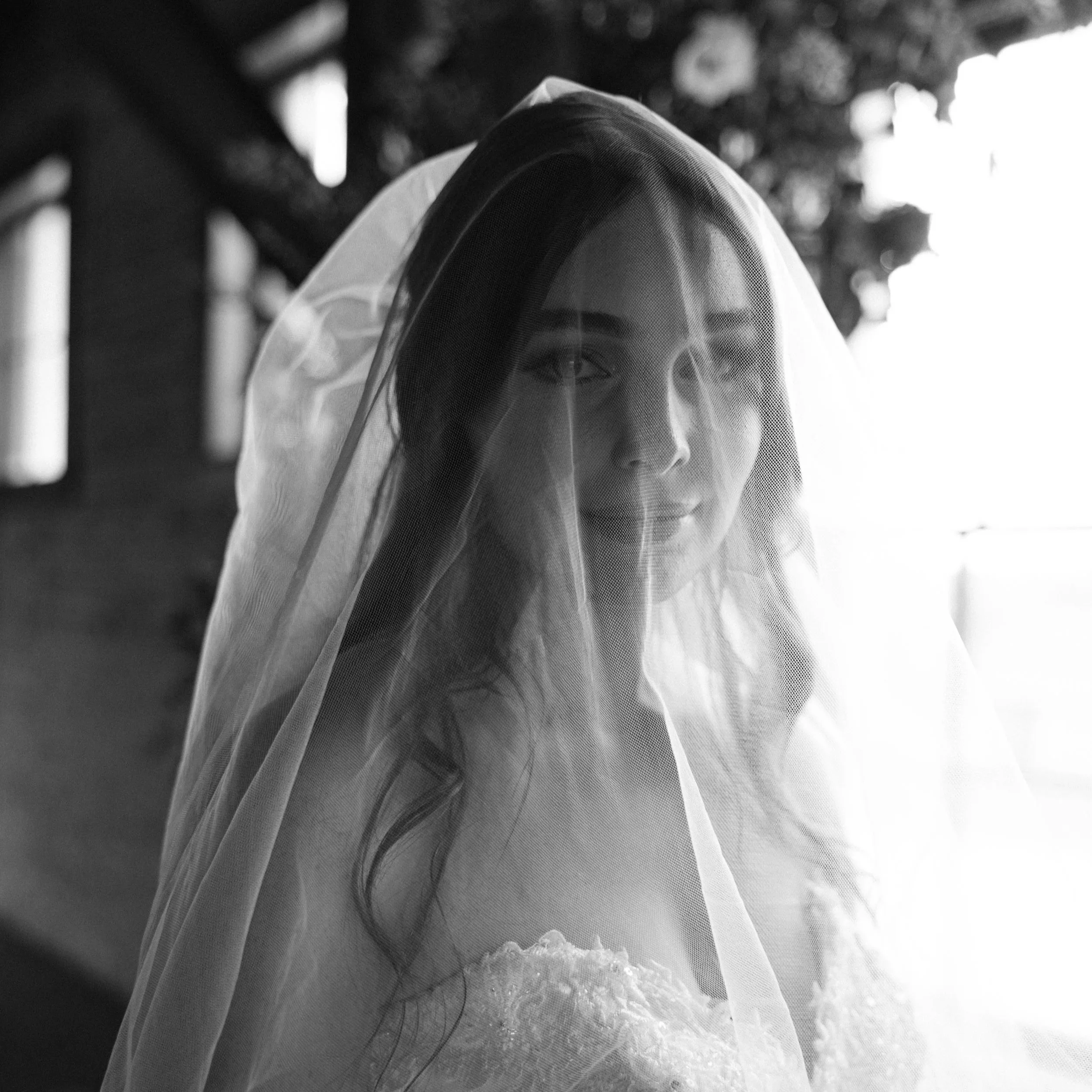 Close-up black and white image of a woman in a wedding dress with veil, looking through a mesh fabric.