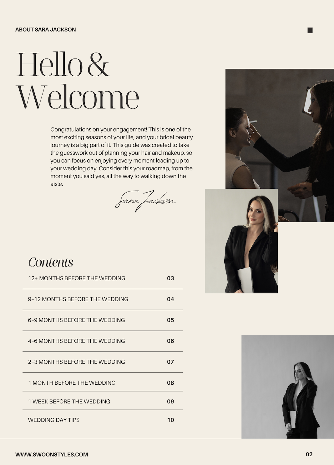 Page introducing wedding planning guidance by Sara Jackson, with images of a makeup artist and a bride, and a table of contents for wedding preparation tips.