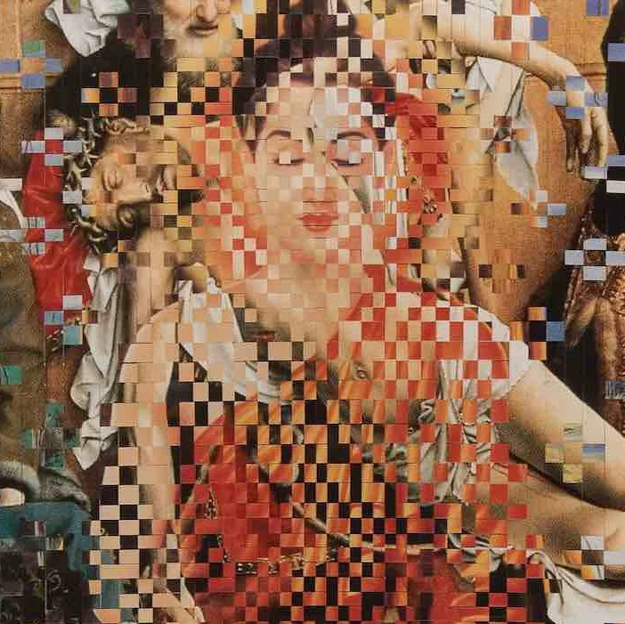 Weave image of Buddha with eyes closed, resting a hand on shoulder, surrounded by Christian figures from Renaissance painting. 