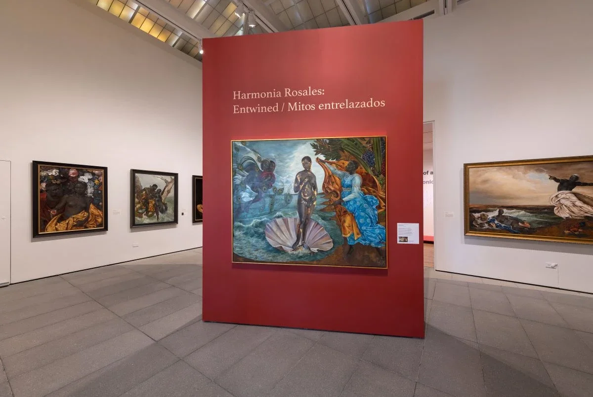 Art exhibit featuring a large red panel with the text "Harmonia Rosales: Entwined / Mitos entrelazados" and a painting of a woman standing on a shell surrounded by other figures, with additional paintings on the gallery walls.