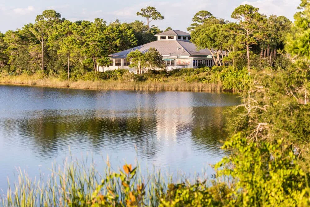 A house with a gray roof near a lake surrounded by trees and greenery.