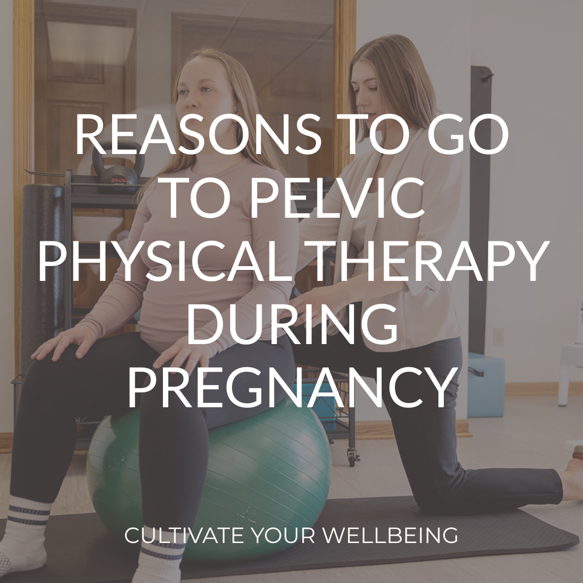 Blog cover image for Reasons to Go to Pelvic Physical Therapy During Pregnancy, showing a pelvic health physical therapist working with a pregnant patient on a therapy ball at Cultivate Your Wellbeing, serving Mequon and Brookfield, Wisconsin.
