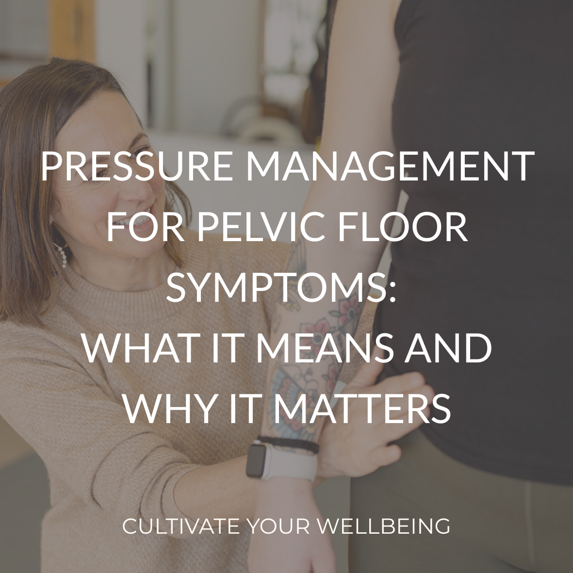 Pelvic health physical therapist assessing a patient’s back and hip with title overlay for a blog about the pelvic floor’s role in back and hip pain.