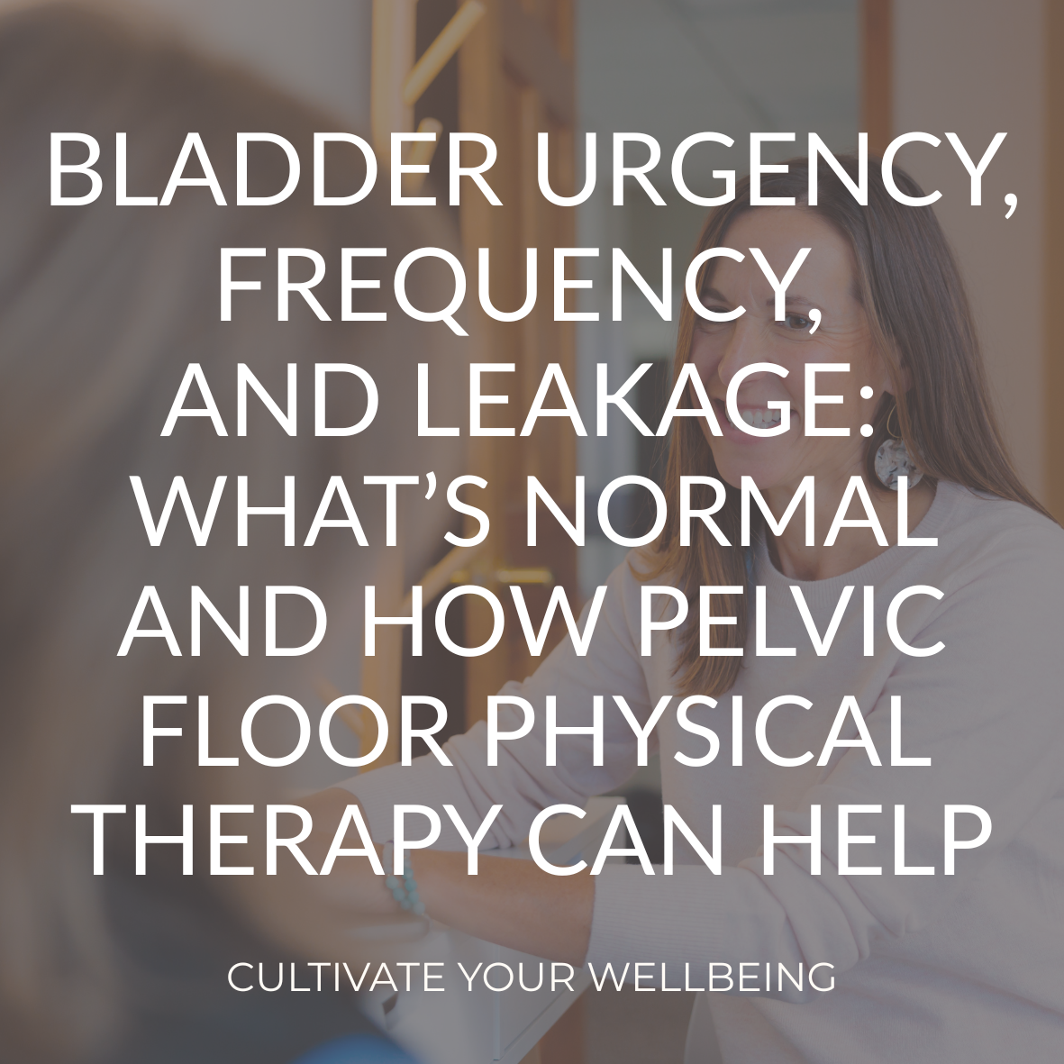 Pelvic health physical therapist talking with a patient at a desk for a blog about bladder urgency, frequency, and leakage support in Mequon and Brookfield.