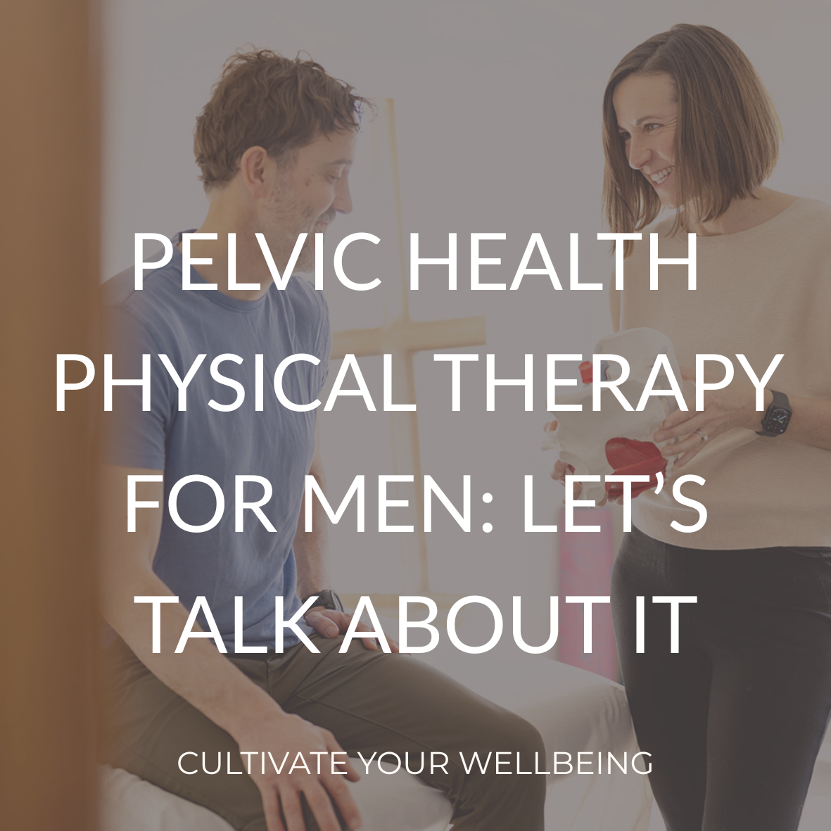 Pelvic health physical therapist holding a pelvic model with text overlay for a blog about menopause and pelvic health therapy.