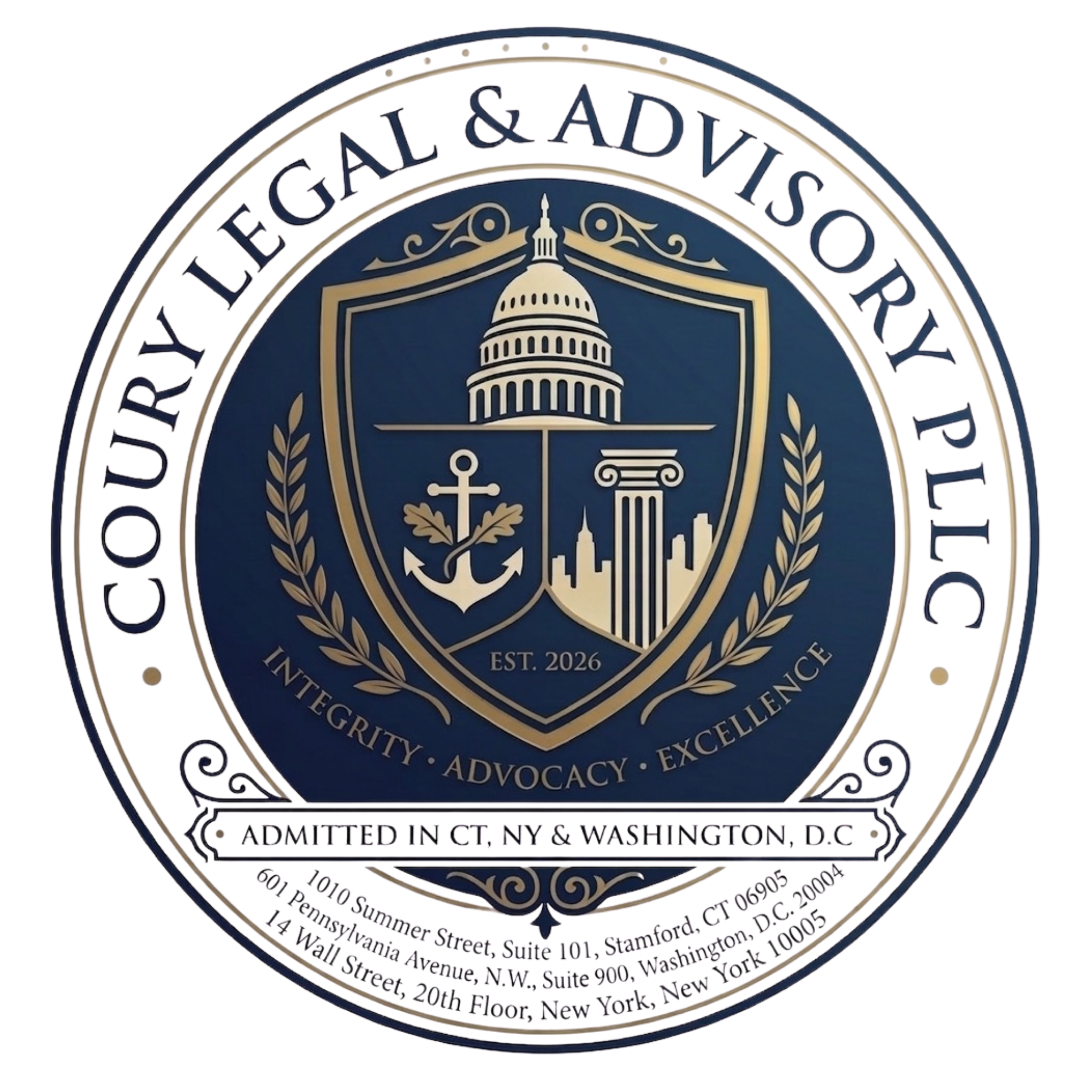 Seal of the United States Department of Justice featuring a shield with the Capitol building, an anchor, and a torch, surrounded by a gold wreath and a blue ribbon with the words 'Integrity, Accountability, Excellence, Service'.