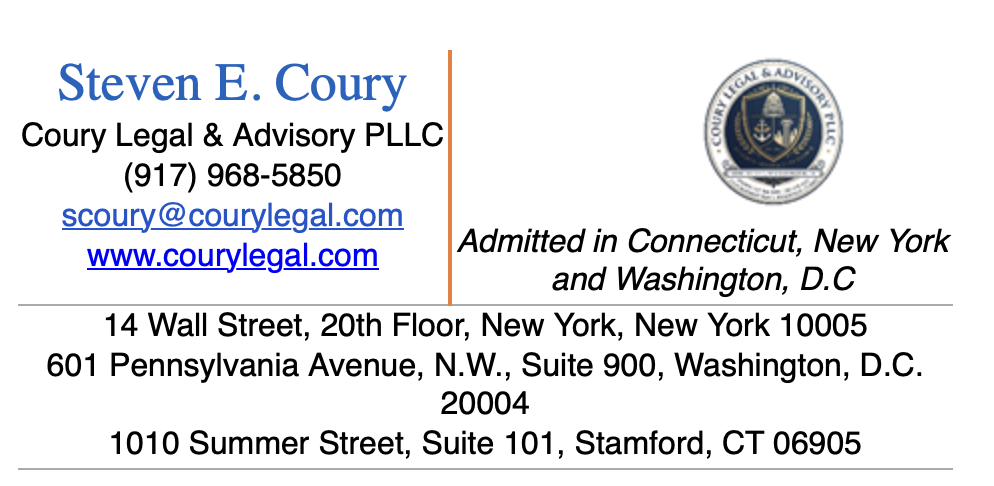 Business card for Steven E. Coury from Coury Legal & Advisory PLLC with contact information and locations in New York, Washington, D.C., and Stamford, Connecticut.