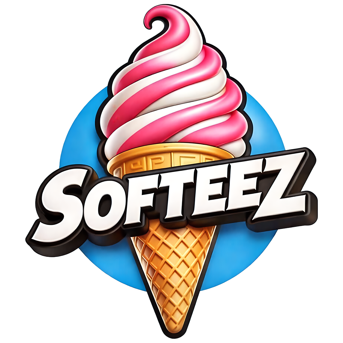 Logo of SofteeZ featuring a pink and white swirled ice cream cone on a blue circle background with the brand name in bold white letters.
