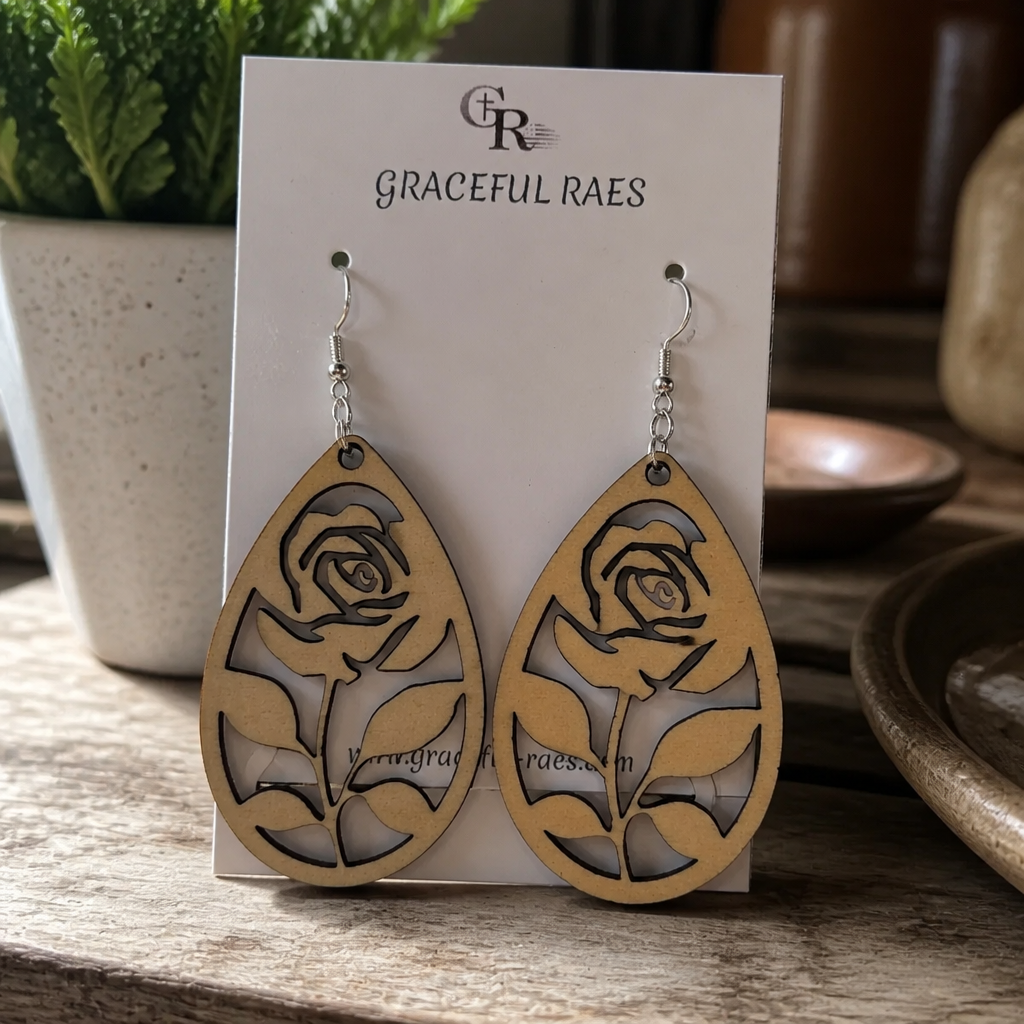 Rose Teardrop Wooden Earrings – Certified 925 Sterling Silver Hooks
