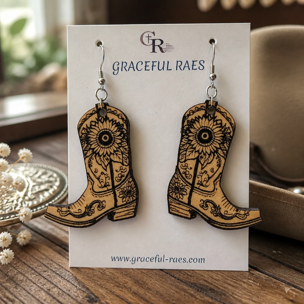 Wooden Laser-Cut & Engraved Cowboy Boot Earrings – Certified 925 Sterling Silver Hooks