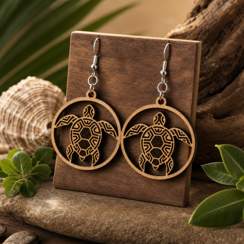 Sea Turtle Laser Engraved Wooden Earrings – Certified 925 Sterling Silver Hooks