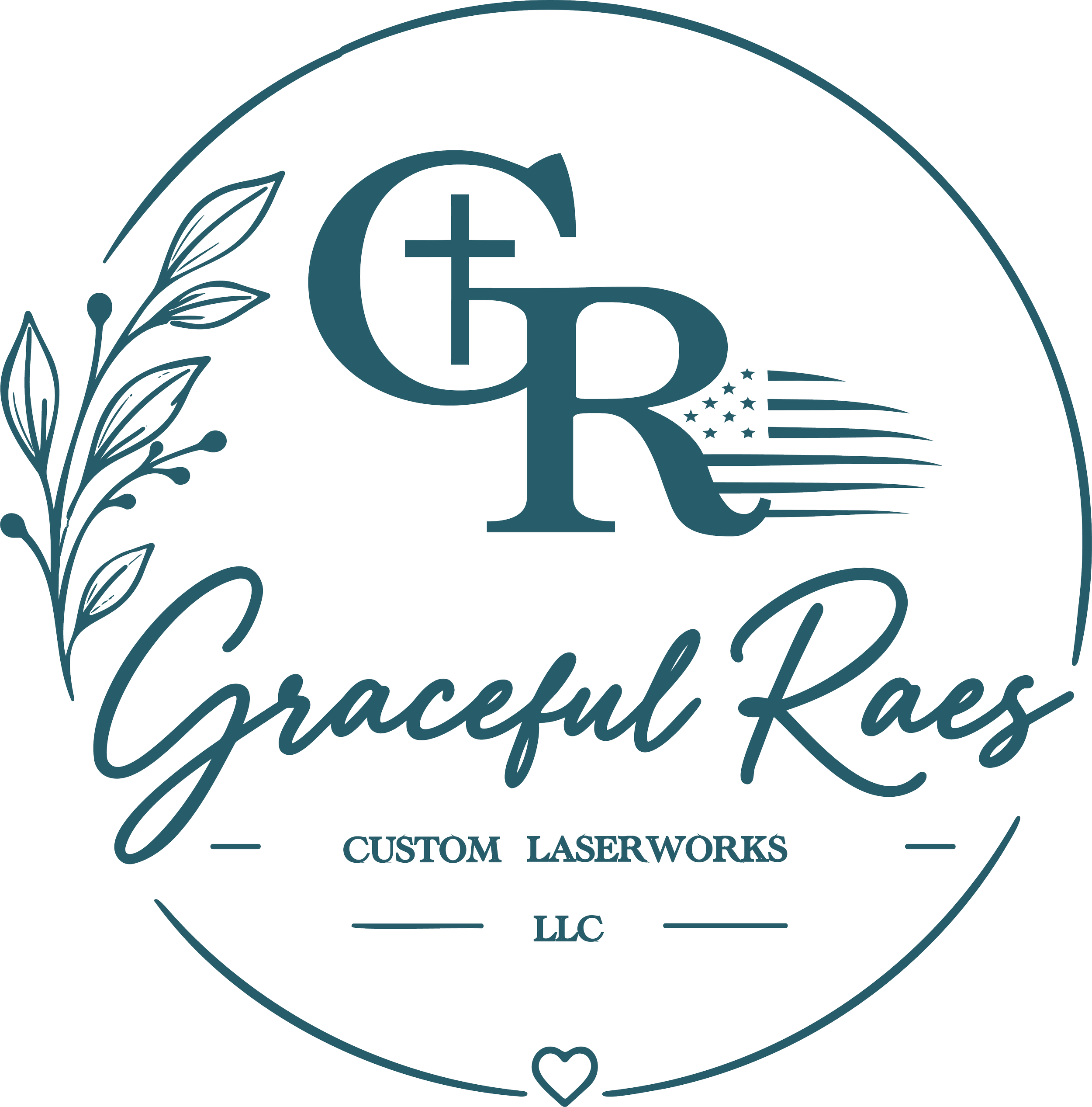 Logo for Custom Laserworks featuring cursive text, decorative elements like a heart and leaves, and a circular border with stars.