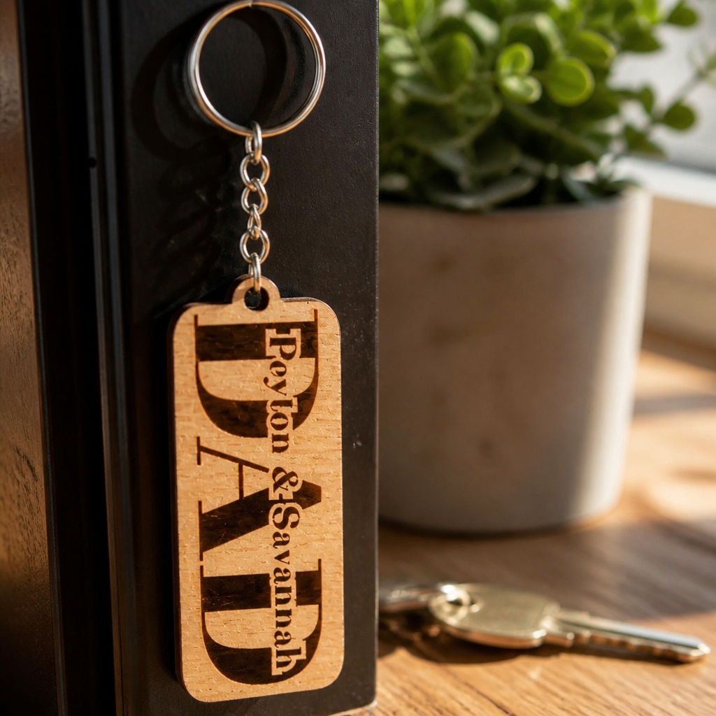 Personalized Dad Wooden Keychain – Custom Engraved with Children's Names