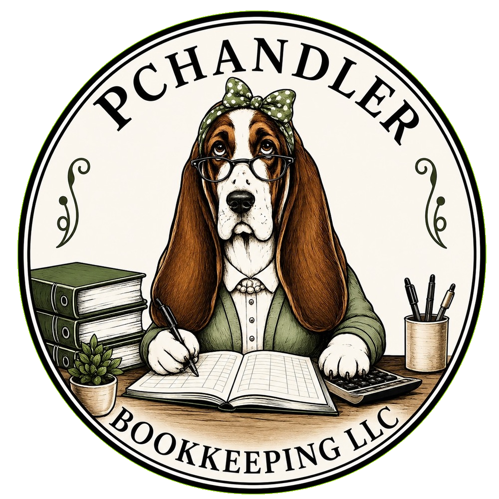 Logo for PChandler Bookkeeping LLC featuring a dog with glasses and a green bow, sitting at a desk with books, a plant, and stationery.