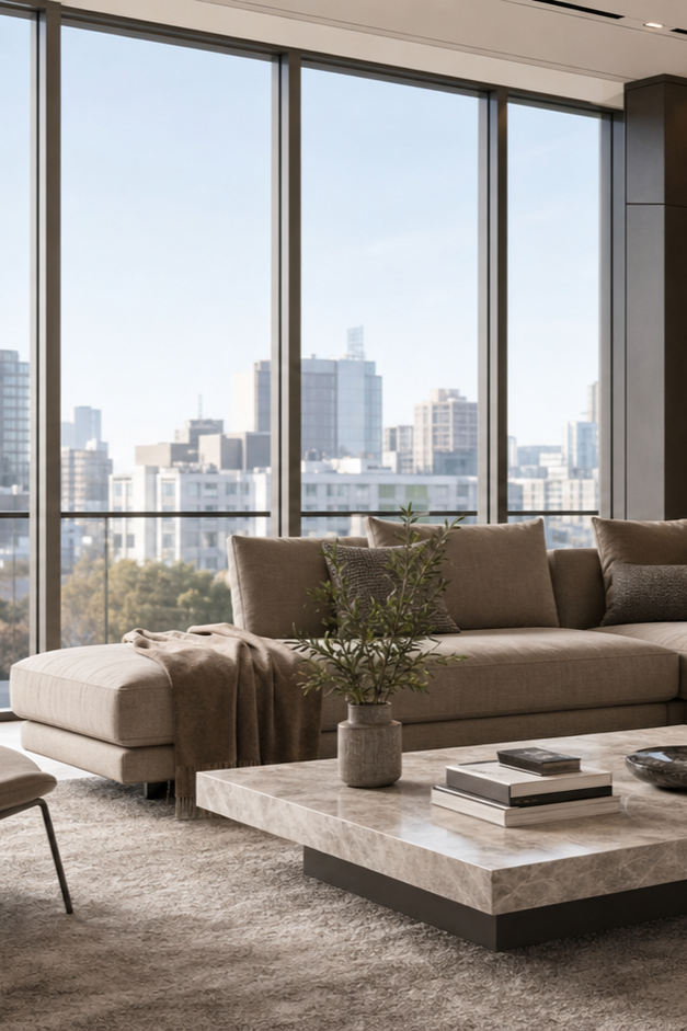 Modern living room with a beige sofa, decorative pillows, a beige throw blanket, a marble coffee table with books and a vase with greenery, and a city skyline view through large glass windows.
