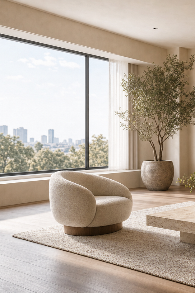 Living room with large window, beige armchair, potted tree, light-colored rug, and city skyline view.