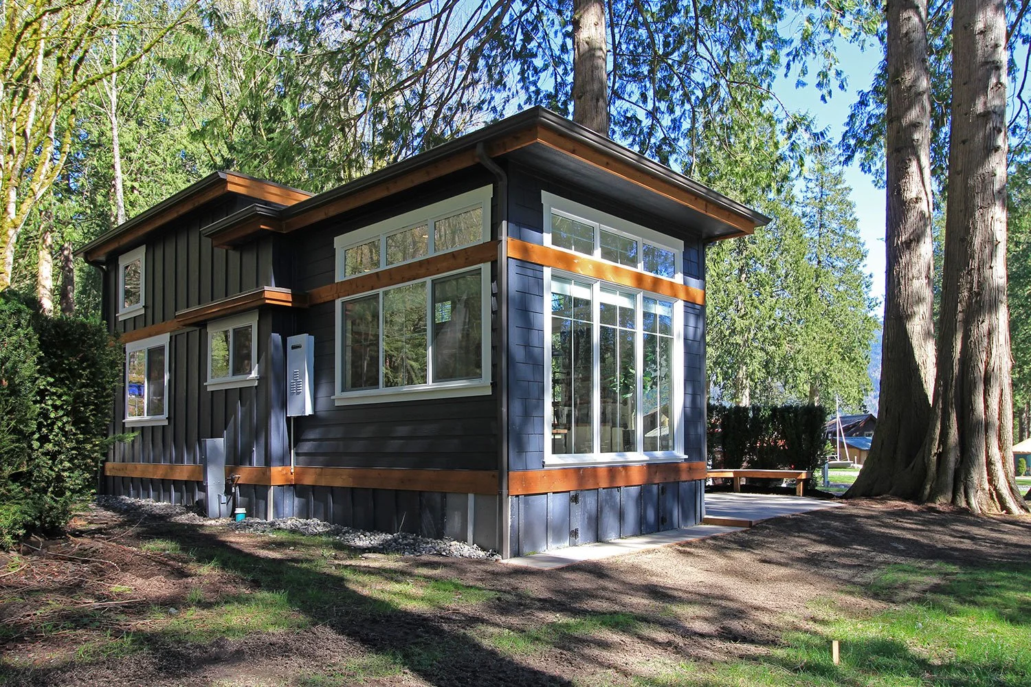 A modern two-story house with black siding and white-framed windows, located in a wooded area with tall trees and clear blue sky in the background.