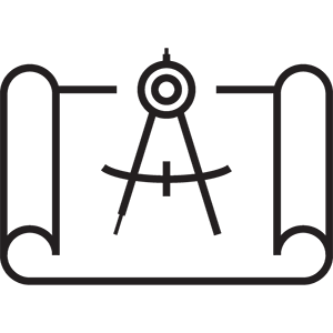 A technical drawing of a compass on a blueprint or technical plan.