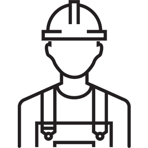 Line drawing of a person wearing a construction helmet and apron.