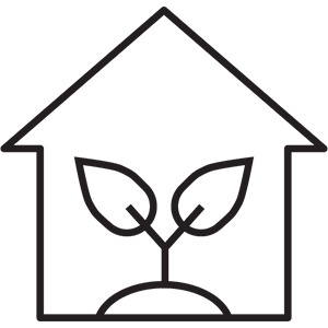 A simple black outline of a house with a plant growing inside, symbolizing eco-friendly or sustainable living.