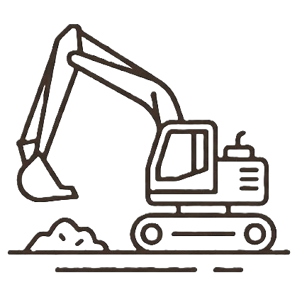 Illustration of a construction excavator with a tracked base, a cab, and an arm with a bucket.