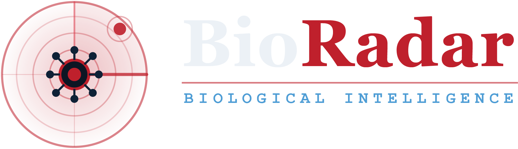 Logo for BioRadar, a biological intelligence company. It features a red circle with a black icon resembling a molecular or virus structure, and the text 'BioRadar' in large red and white letters with the tagline 'Biological Intelligence' in blue.