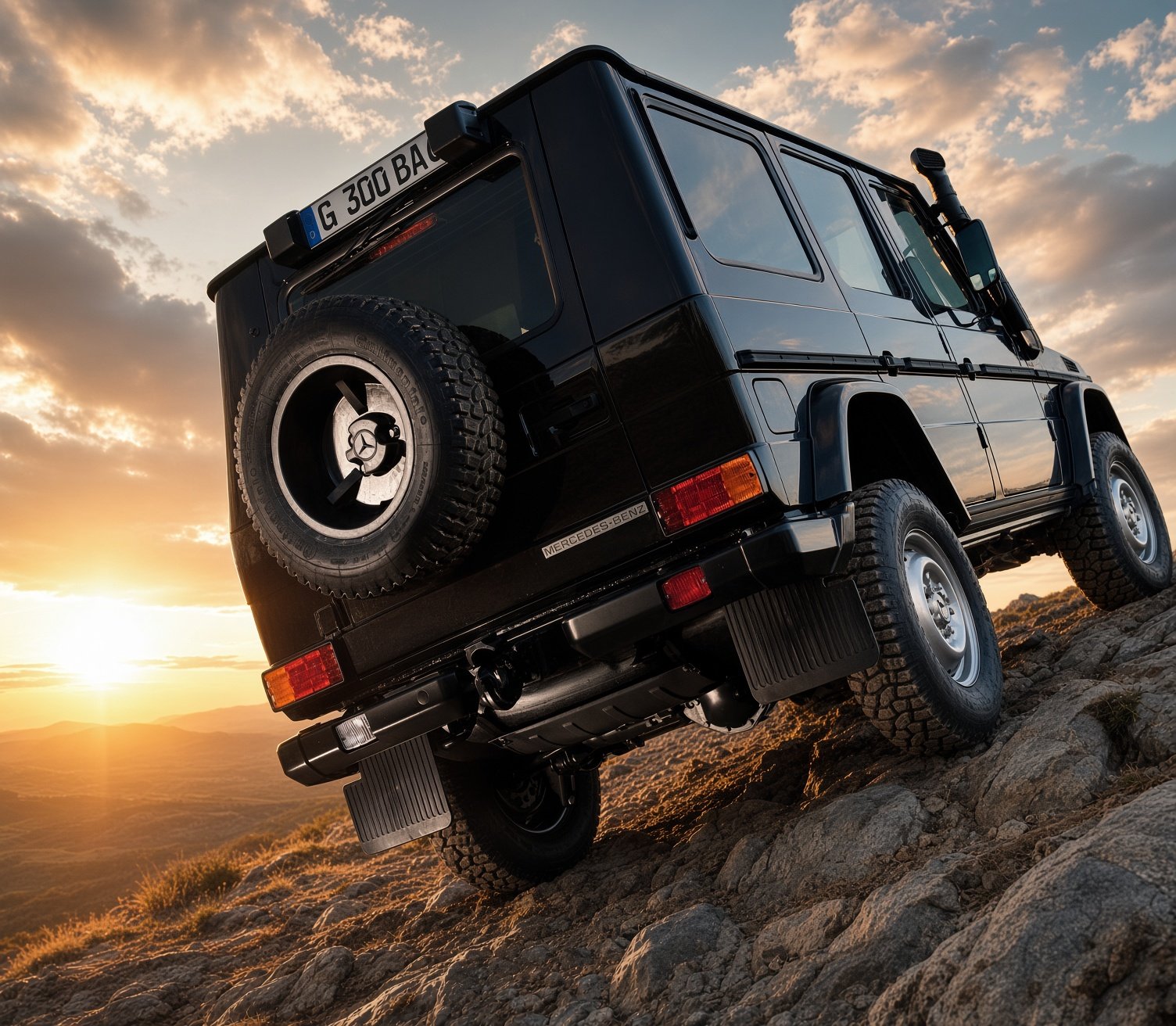 A black Mercedes-Benz off-road vehicle climbing rocky terrain at sunset.