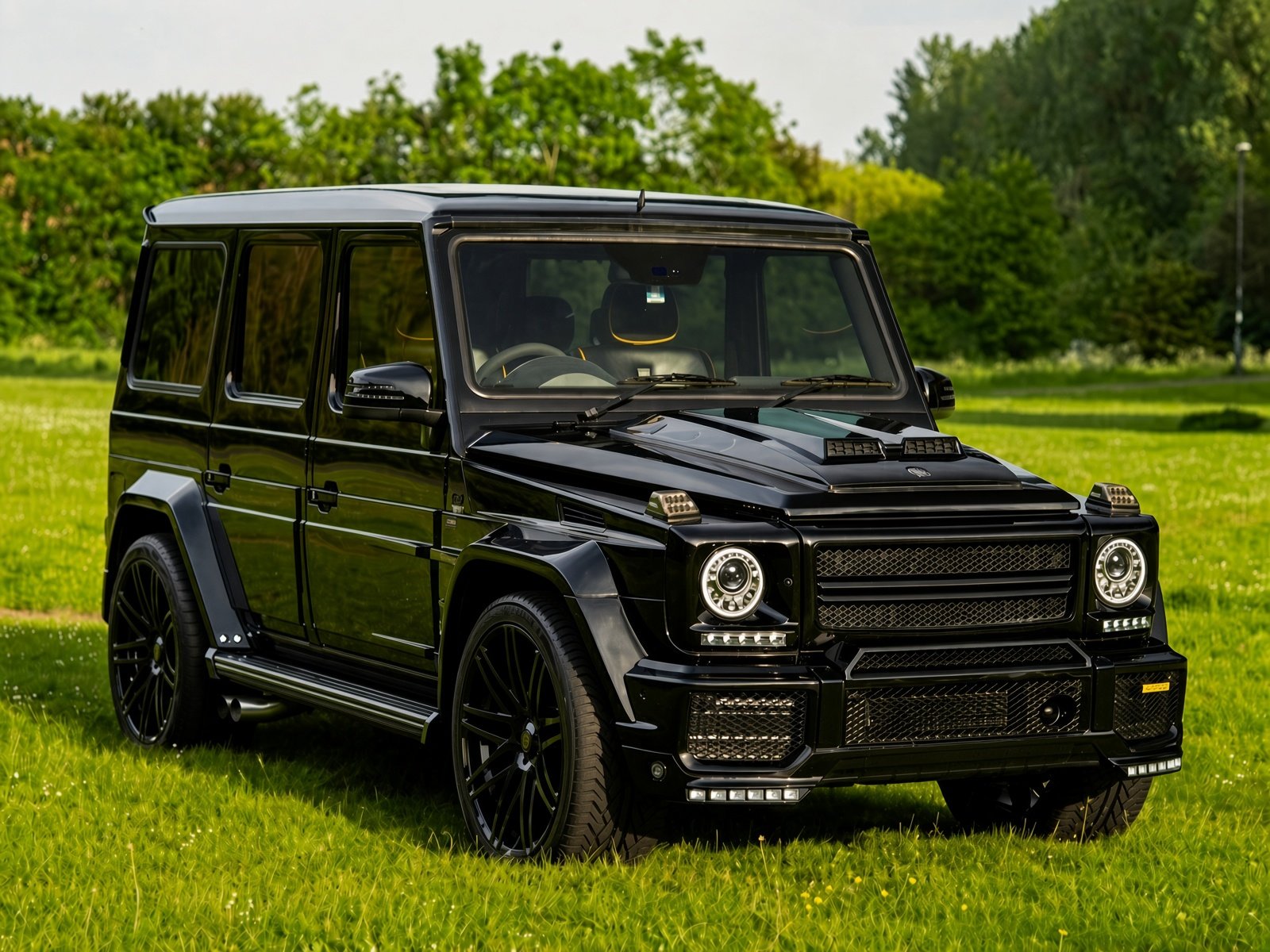 Black luxury SUV with custom modifications parked on a grassy field surrounded by trees.