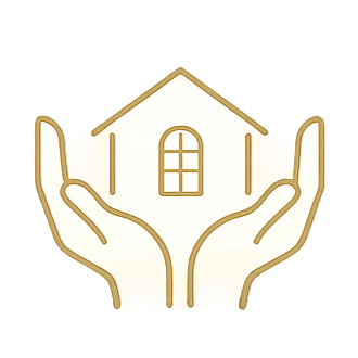 Illustration of two hands holding a house with a window, outlined in gold, illustrating "Hands-On Management".
